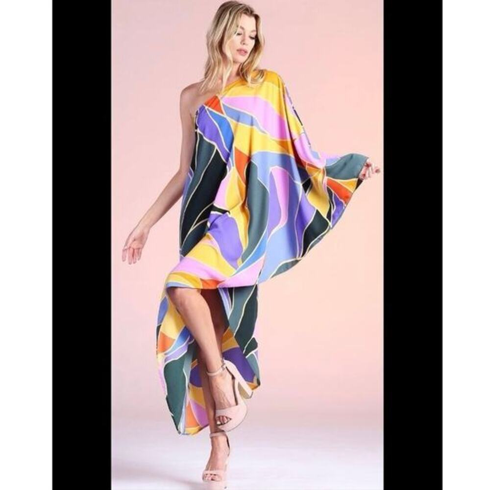 Tyche One‎ Shoulder Abstract Geometric Printed Maxi Dress Multicolor Size S USA